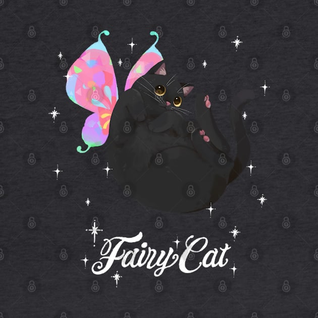 Curled Up Black Fairy Cat (with white text) by You Miichi